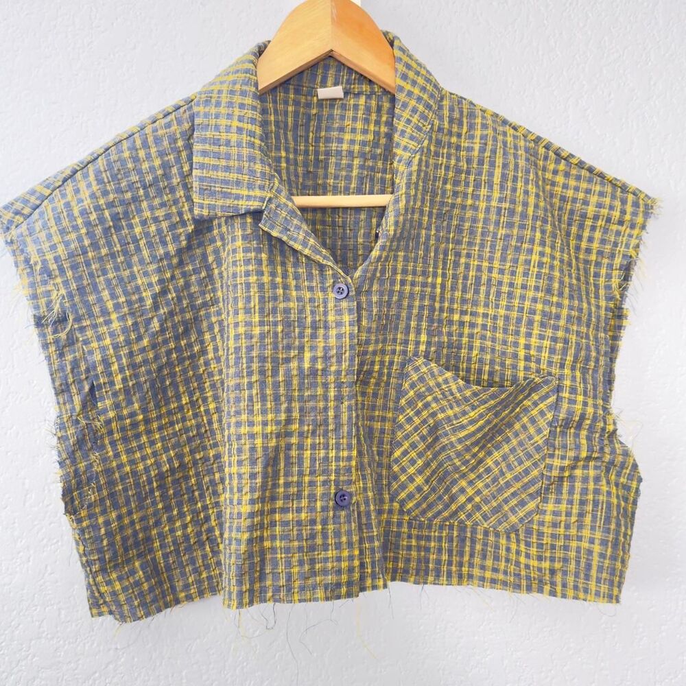 Yellow & blue plaid button-up sleeveless Crop shirt L
